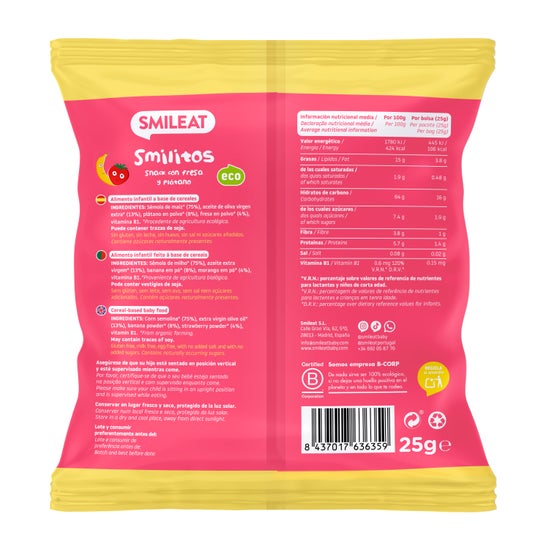 Smileat Smilitos Gusanitos Ecológicos de Fresa y Plátano 25g