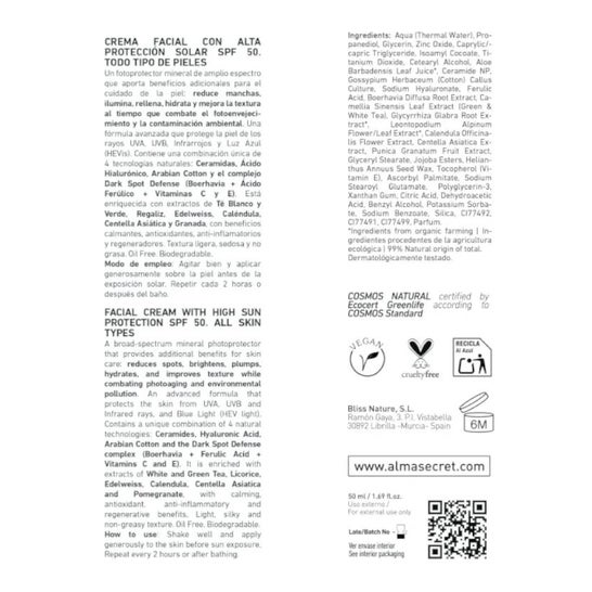 Alma Secret Face Cream With High Sun Protection Spf50 50ml Alma Secret Face Cream With High Sun Protection Spf50 50ml