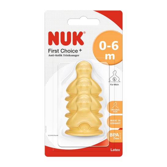 Nuk latex nipple wide mouth T2 hole L 6m+ 3 uts