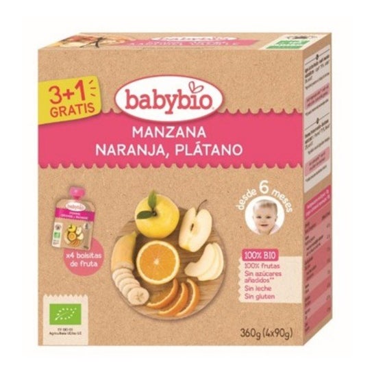 BabyBio Puré Manzana Naranja Plátano Bio 4x90g