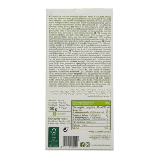 Torras Chocolate Leche Stevia sin Gluten 75 g