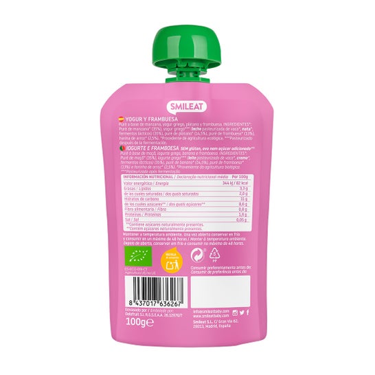 Smileat Pouch Ecológico de Yogur y Frambuesa 100 g