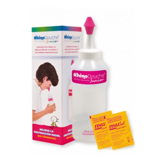 Rhinodouche®. Pack inicio para llevar a cabo lavados nasales. Contiene  irrigador nasal de 500 mL + 26 sobres de 5g que contienen mezcla de sales  con xilitol. : : Salud y cuidado personal