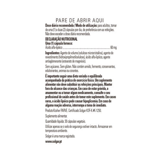 Solgar Ácido Alfa-Lipoico 60 mg 30vcaps