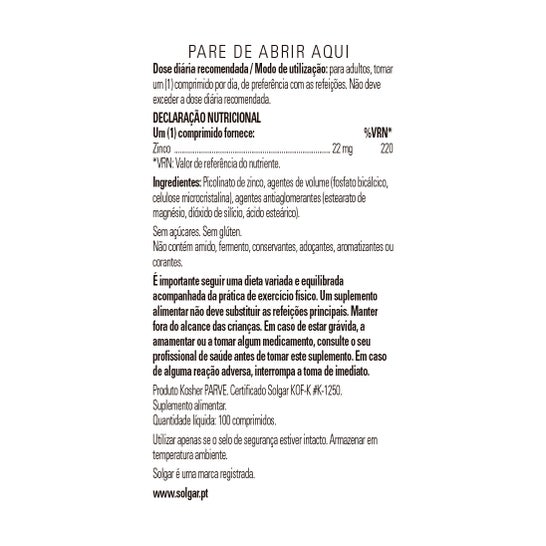 Solgar Picolinato de Zinc 22mg 100comp