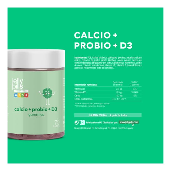 Jelly Pills® Essentials Kids Calcio + Probio + D3 Gummies 70uds