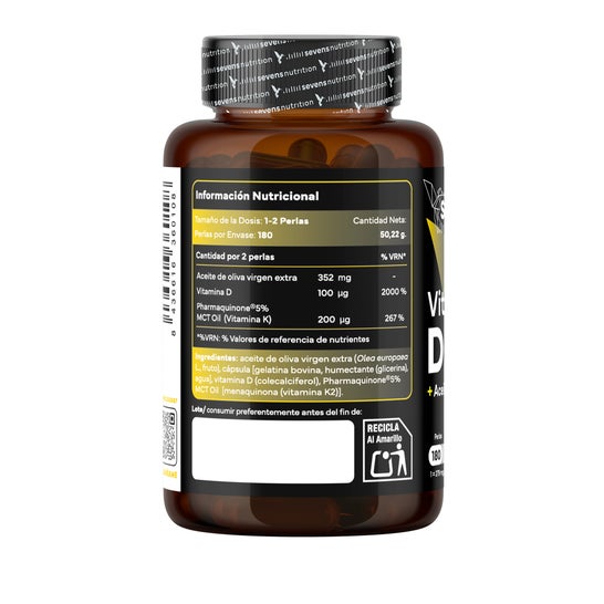 Sevens Nutrition Vitamina D3 y K2 2000 UI 180 Perlas