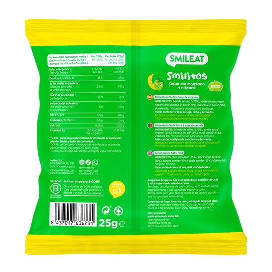 Smileat Smilitos Gusanitos Ecológicos de Manzana y Plátano 25 g