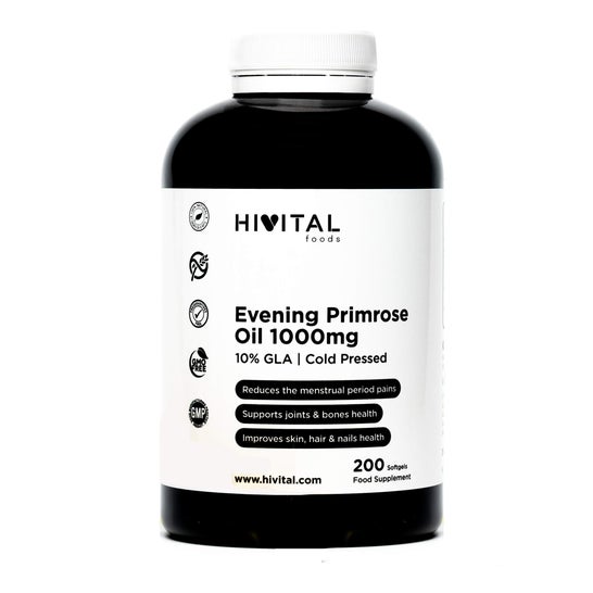 Hivital Foods Evening Primrose Oil 1000 mg con 10% di Omega 6 GLA 200 perle di olio naturale (oltre 6 mesi)