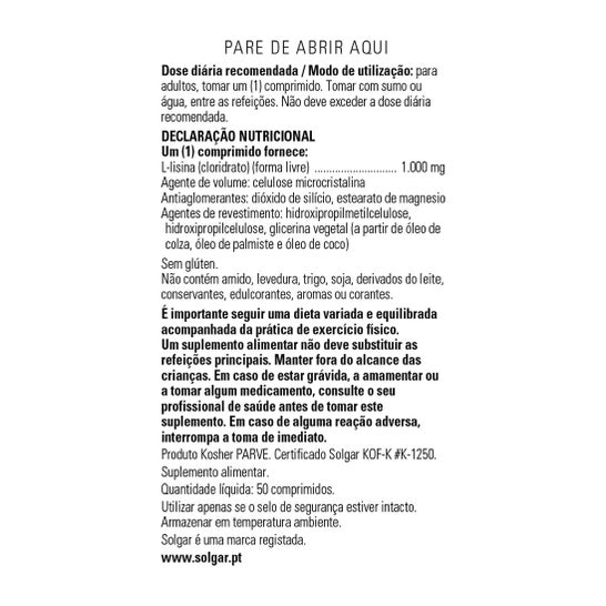 Solgar L-Lisina 1000mg Forma Libre 50comp