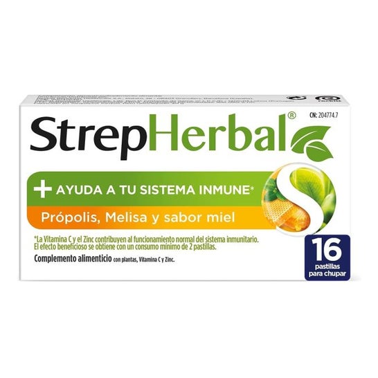 StrepHerbal Propolis y Melisa + Vitamina C y Zinc Miel 16 pastillas