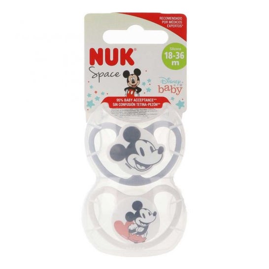 NUK Chupete Space Disney Mickey 0-6 meses 4 unidades en gris/rojo 