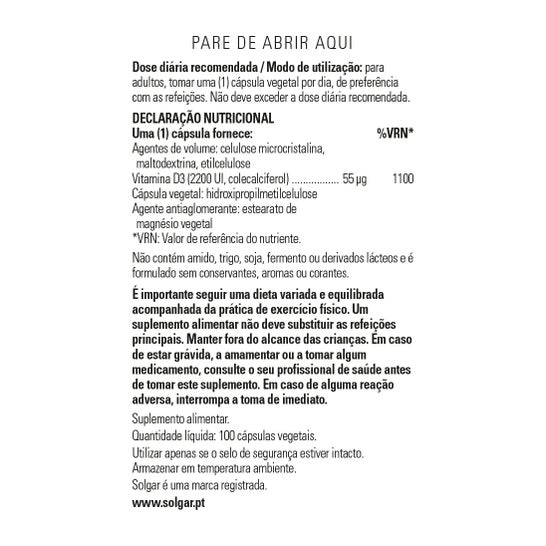 Solgar Vitamina D3 Colecalciferol 2200 UI 55 mcg 100 vcaps