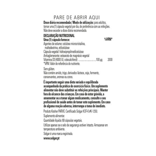 Solgar Vitamina D3 Colecalciferol 4000 UI 100 mcg 60 vcaps