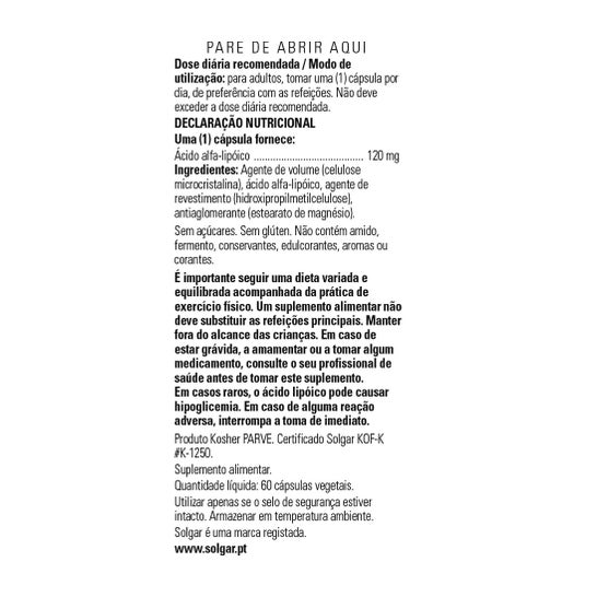 Solgar Ácido Alfa-Lipoico 120 mg 60vcaps