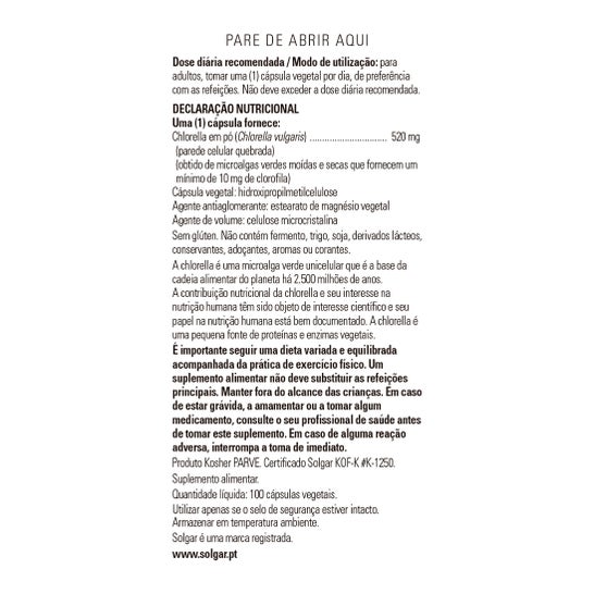 Solgar Clorela de Pared Celular Rota 520 mg 100vcaps