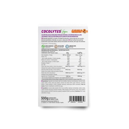 HSN ORS Cocolytes Agua de Coco + Electrolitos en Polvo Té Helado de Melocotón 500 g