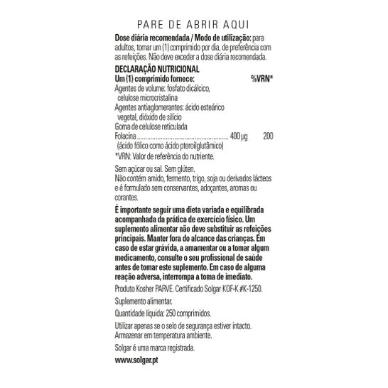Solgar Folacín Ácido Fólico 400mcg 250comp
