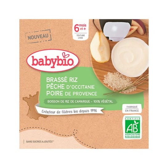 BabyBio Brassé Riz, Pêche, Poire 4 x 85g