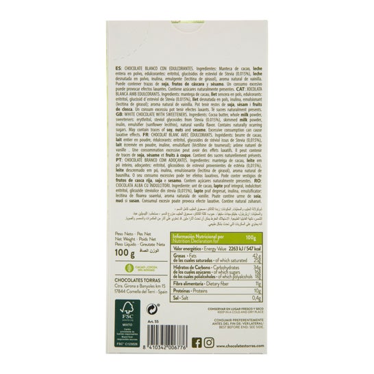 Torras Stevia Chocolate Blanco 100 g