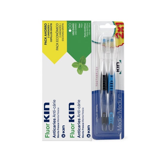 Fluor Kin dentifricio alla menta fresca 2x125ml + 2 spazzolini da denti