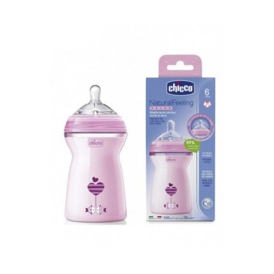 Chicco Natural Silicone Plastic Bottle Pink 6M+ 330ml