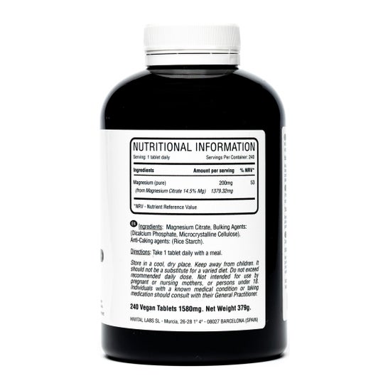 Hivital Foods Magnesio puro 200 mg procedente de Citrato de Magnesio 240 comp (8 meses)