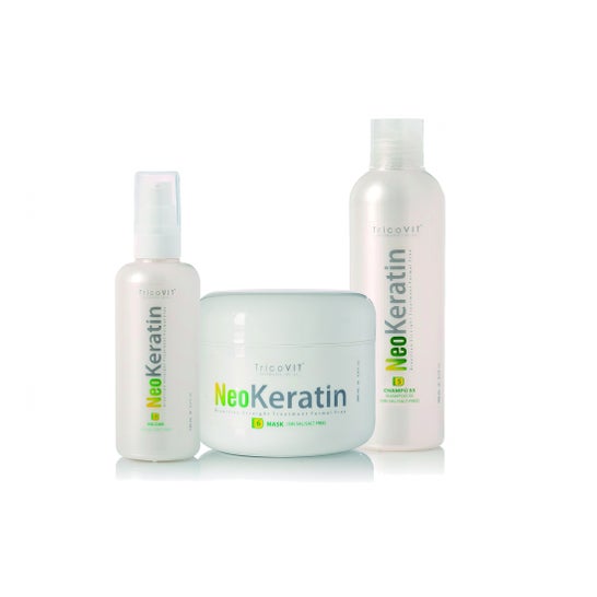 Neokeratin Keratin Treatment is a pack of 3 products rich in keratin. They help to restore hair fiber progressively and repair dry and damaged hair. In addition, the result is healthy, shiny and frizz-free hair. Its extremely soft, salt-free formulation delicately nourishes the hair.
The Neokeratin Shine treatment is indicated for

Pre-straightening treatment with NeoKeratin: when the hair is very malnourished and punished.
Treatment of deep hydration: when the aim is not to smooth, but to finish with the frizz, to restore, to contribute body and to hydrate the hair.
Maintenance treatment: to keep the straightening treatment longer, we also provide hydration to the hair.

This pack contains:

Neokeratin Shampoo S5 250 ml.
Neokeratin S6 mask 200 ml.
Neokeratin S3 Moisturizing Balm 125 ml.