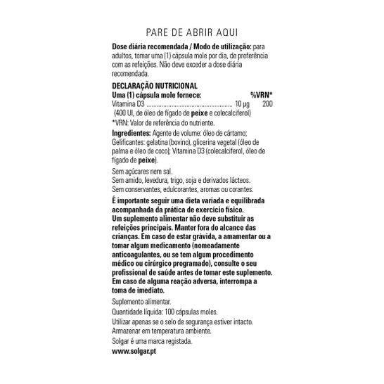 Solgar Vitamina D3 400 UI 10 mcg 100 Perlas