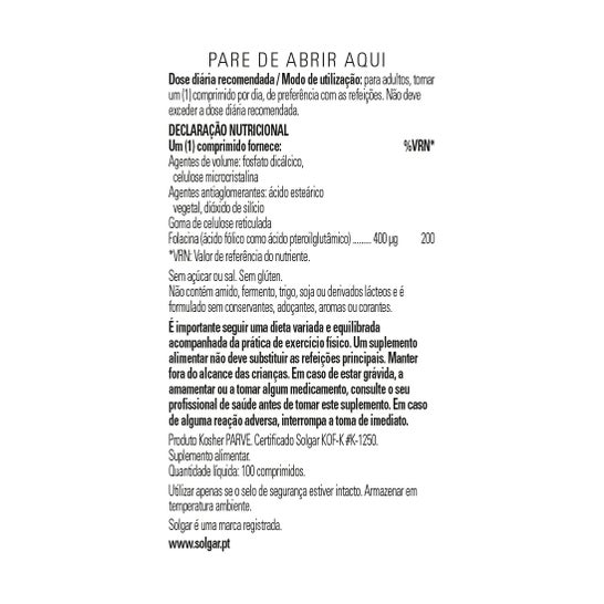 Solgar Folacín Ácido Fólico 400mcg 100comp