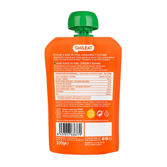 Smileat Pouch Ecológico de Zanahoria Pera y Plátano 100 g