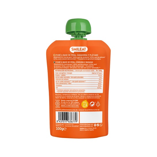 Smileat Pouch Ecológico de Zanahoria Pera y Plátano 100 g