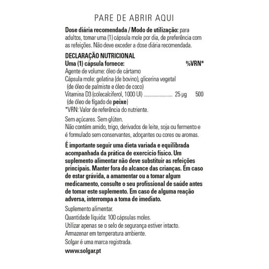 Solgar Vitamina D3 Colecalciferol 1000 UI 25 mcg 100 perlas