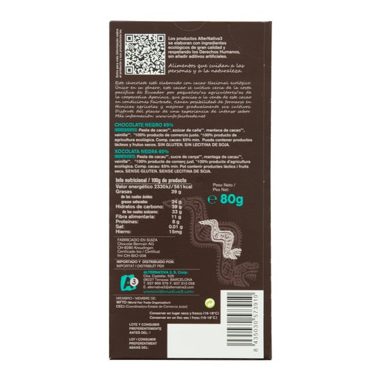 Alternativa3 Chocolate Negro Ecológico 65% Cacao Ecuador 80 g