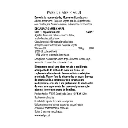 Solgar Vitamina D3 Colecalciferol 4000 UI 100 mcg 120 vcaps