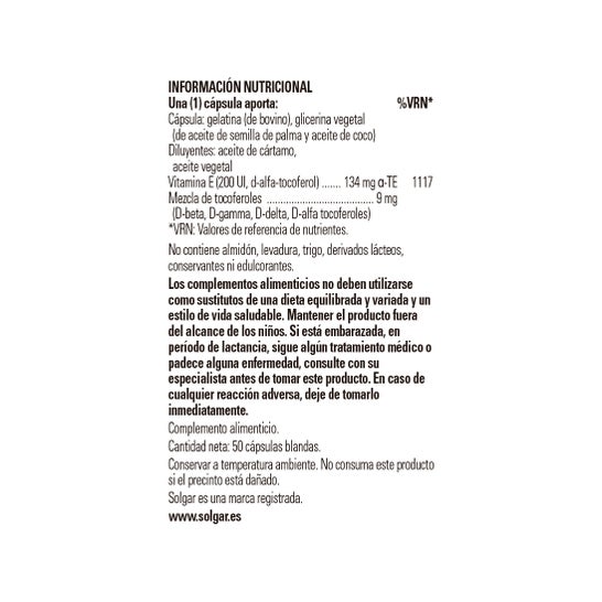 Solgar Vitamina E 200 UI 134 mg 50 Perlas
