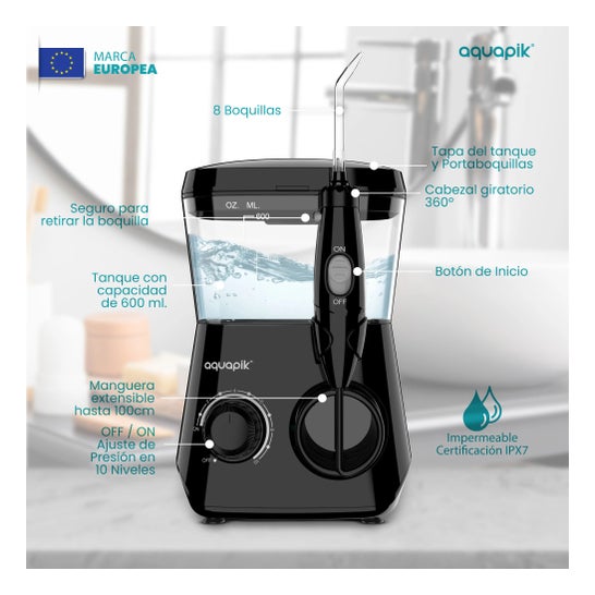 Aquapik100® Waterflosser Irrigador Dental 600 ml 10 Niveles Negro 1 ud