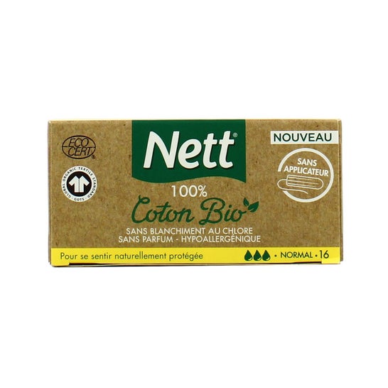Nett Tampón Sin Aplicador Flujo Normal 100% Algodón Orgánico 16uds
