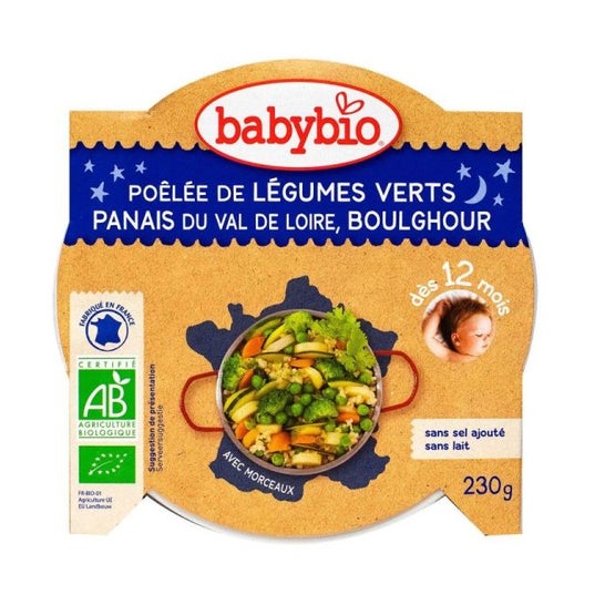 Babybio Buona Notte da 12 mesi Piatto di verdure verdi Verdure Parsnips Boulghour 230 grammi