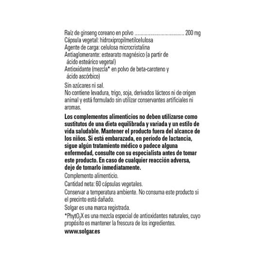 Solgar Ginseng Coreano Extracto de Raíz 60vcaps