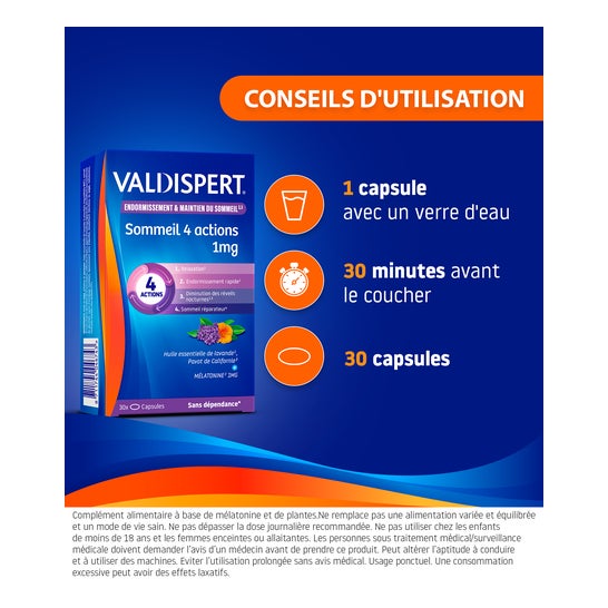 Valdispert mlatonina 1 mg " 4 acciones " Caja de 30 caps