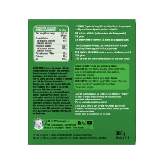 Gerber Organic Puré Pera, Manzana y Plátano 4x90 g