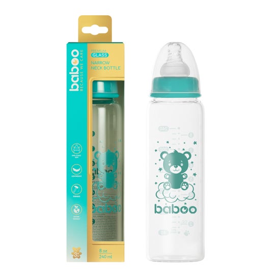 Baboo Biberón Vidrio Anticólico Cuello Estrecho +3M 240ml 1ud