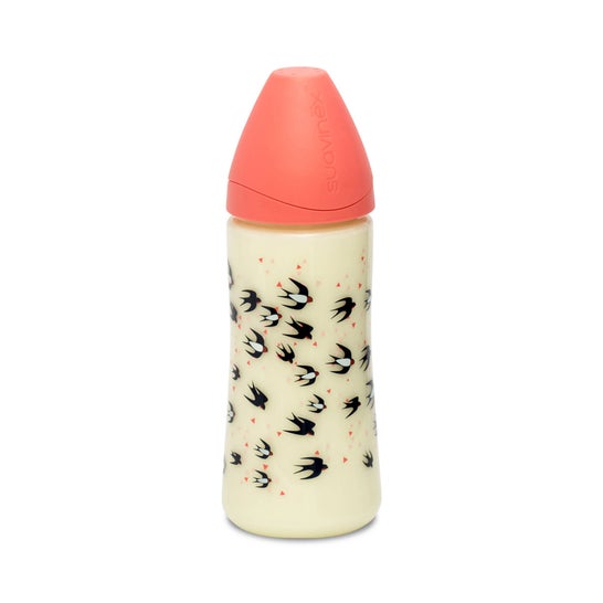 Suavinex Biberón T. Redonda Silicona 3P +4m Golondrinas Rosa 360ml 1ud