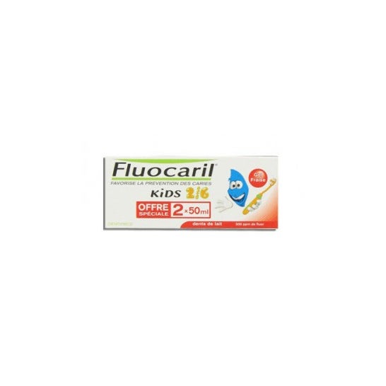 Fluocaril Pasta de dientes de fresa para niños 50ml set de 2 + Cepillo de dientes para niños