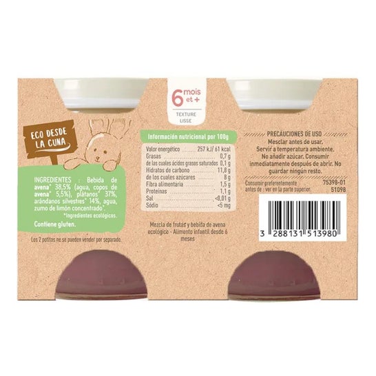 BabyBio Brassé Avoine, Banane, Myrtille 2 x 130g
