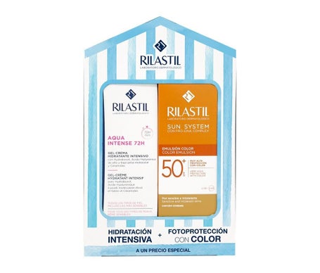 Rilastil Pack Aqua Intense 72h Gel-Crema 40ml +Sun System Emulsión Solar Facial Color SPF50+ 40ml