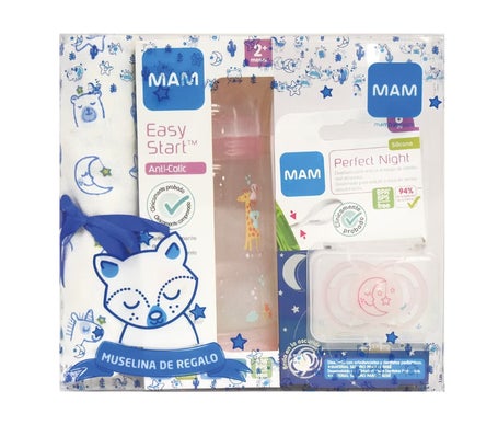 Mam Pack Chupete Night 6M Luna Rosa + Muselina + Biberón 260ml