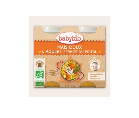 Babybio Pequeños tarros Menu Granja de verduras y pollos Pollo Ecológico en 8 meses 200g lote de 2