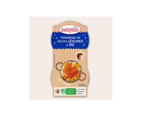 Babybio Tazones de Buenas Noches Ternura de Verduras Pequeñas Arroz Orgánico en 12 meses 2 x 200g
